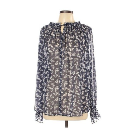 LOFT Tops - LOFT Women’s Blue Butterfly Print Sheer Ruffle Tie Neck Blouse Size L
